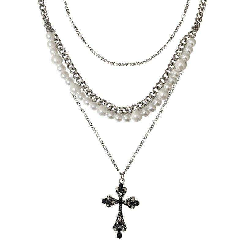 European And American Personalized Multi-layer Cross Pearl Necklace