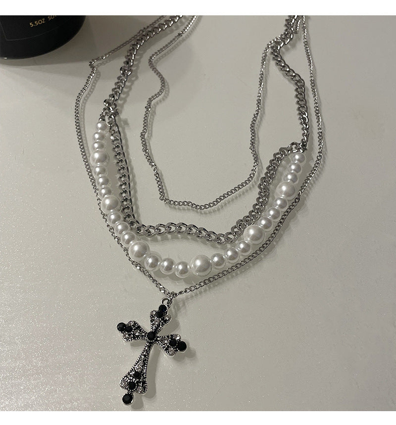 European And American Personalized Multi-layer Cross Pearl Necklace