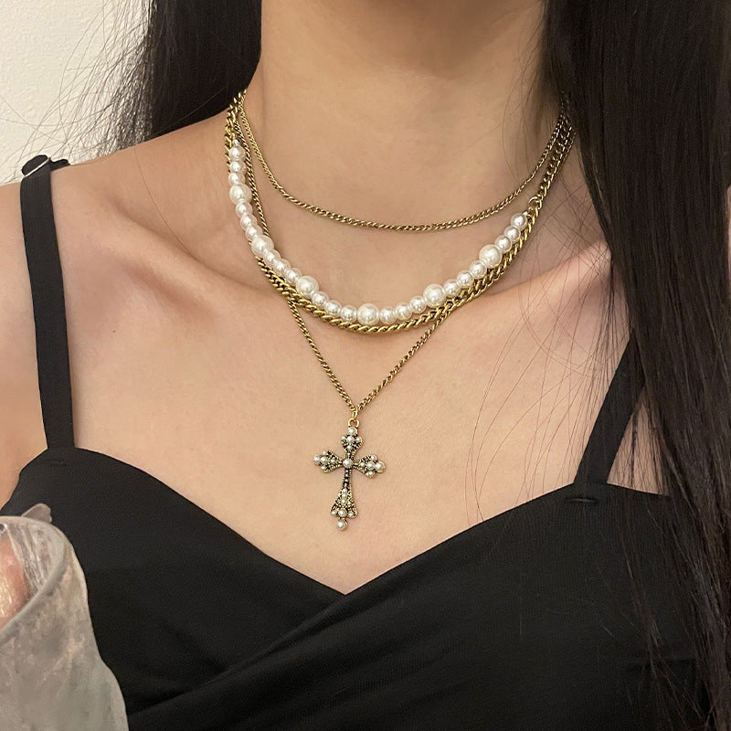 European And American Personalized Multi-layer Cross Pearl Necklace