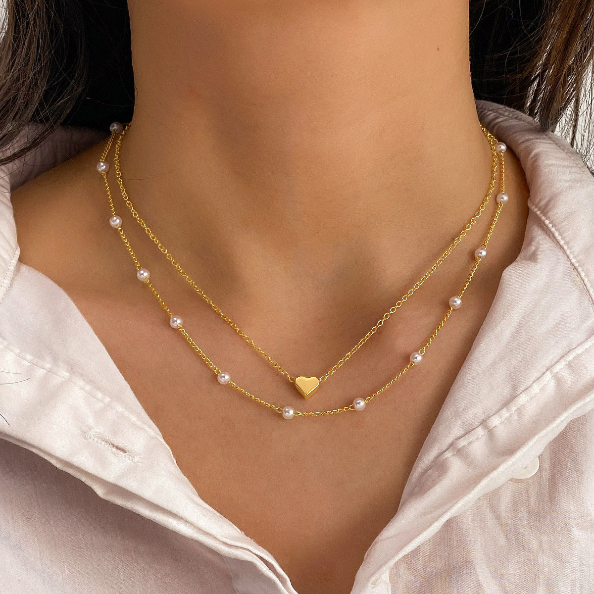 Collar de doble capa con colgante de borlas de perlas para mujer