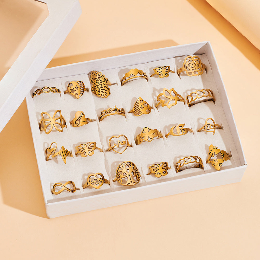 Caja de 24 piezas Caja de 100 piezas Juego de anillos de moda Anillos de acero inoxidable chapados en oro para mujeres y niñas