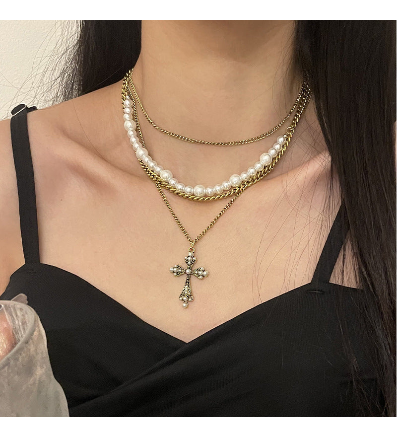 European And American Personalized Multi-layer Cross Pearl Necklace