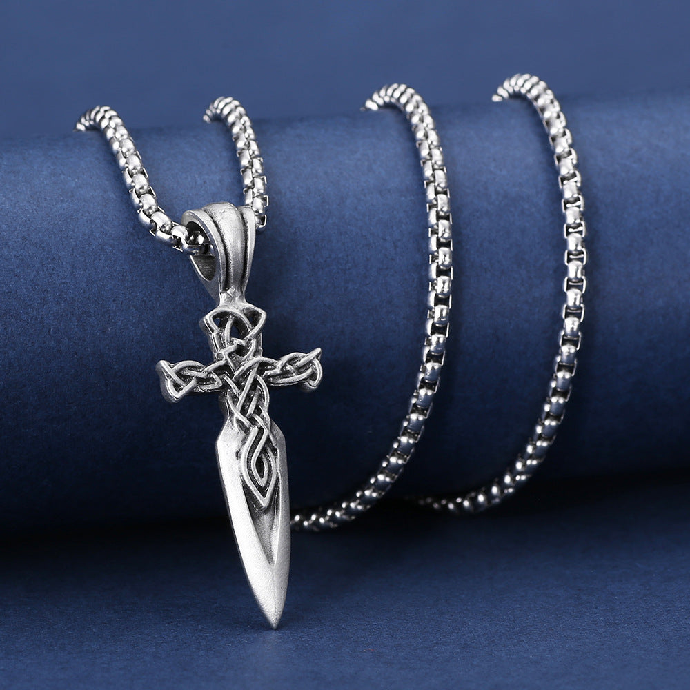 Carved Viking Celtic Knot Sword Pendant Men's Titanium Steel Necklace