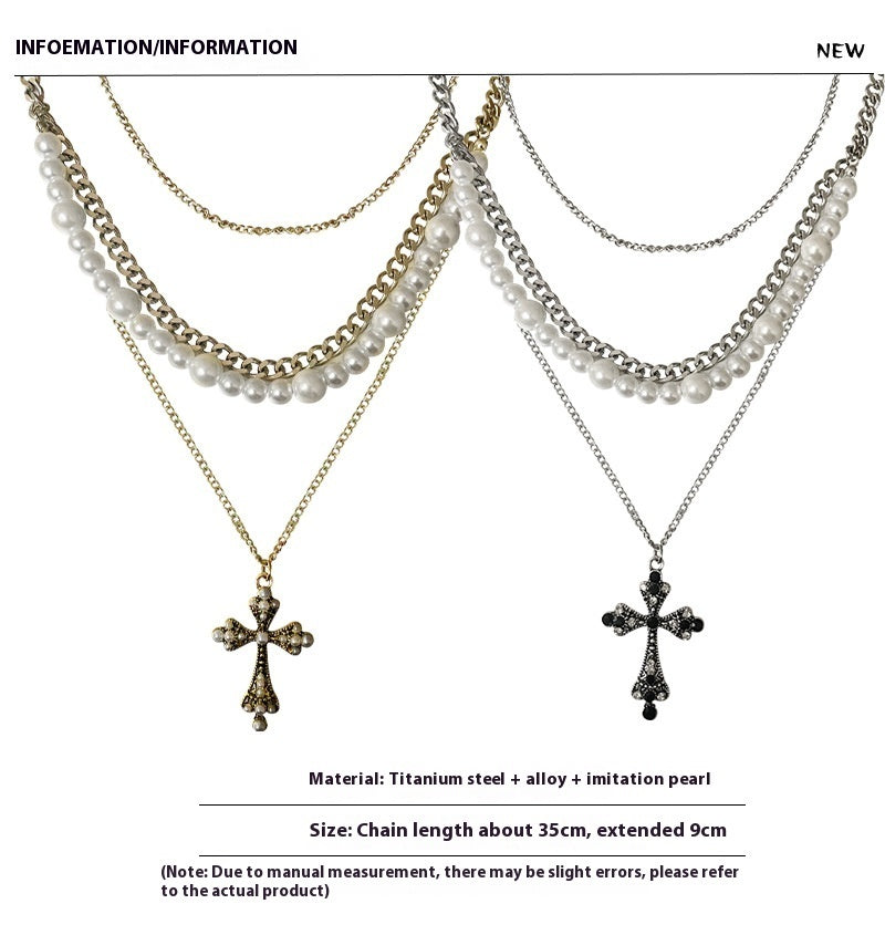 European And American Personalized Multi-layer Cross Pearl Necklace